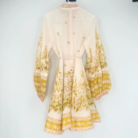 Zimmermann Golden Buttoned 100% Linen Floral Mini/Midi Dress Size 2 AU/US  8, NWT